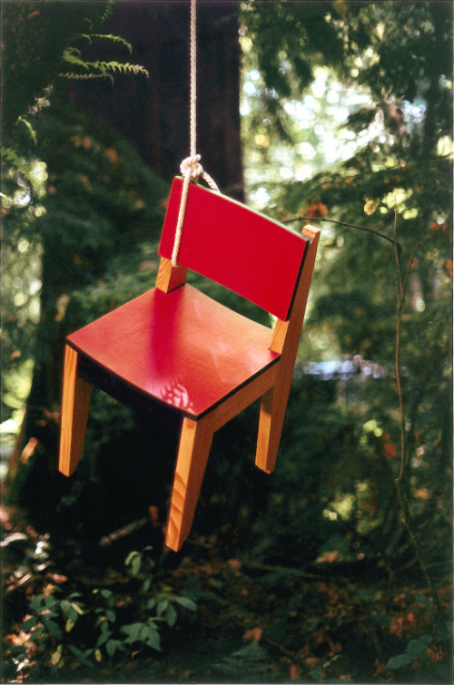Red chair hanging from tree